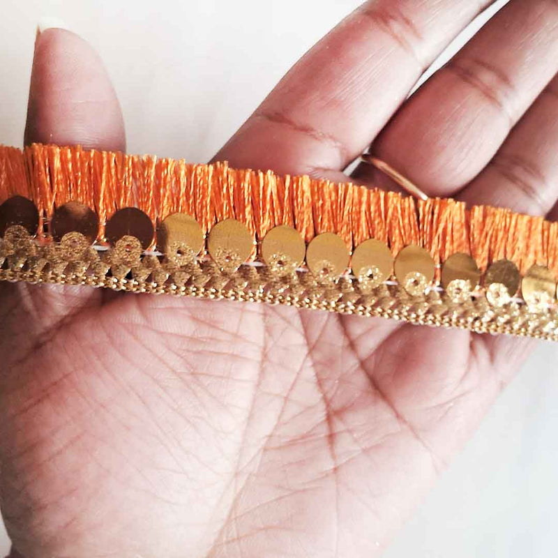 Orange Silk Thread Tassel Fringe Sequenced Lace & Border - ( 9mtr )