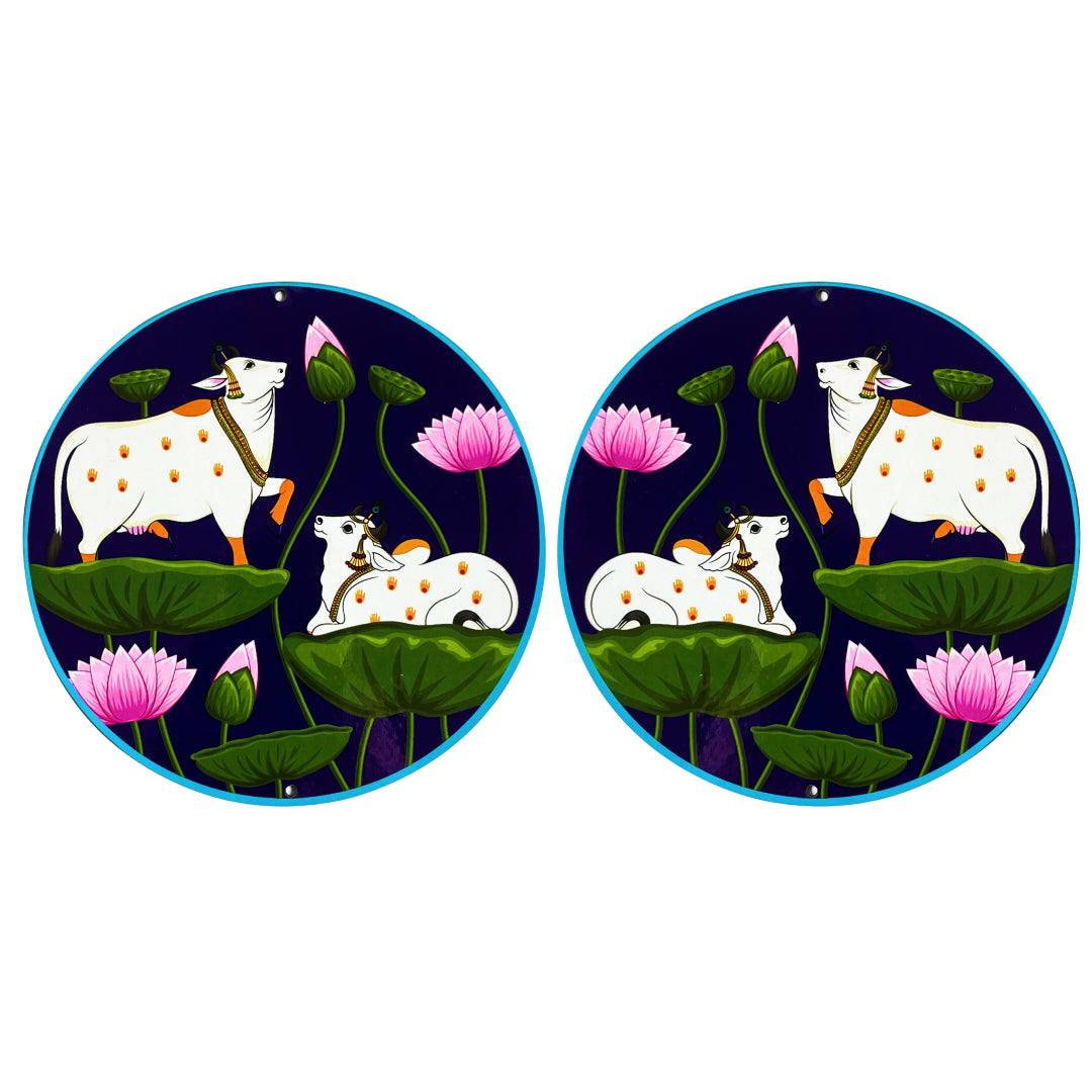 Dark Blue Pichwai Pair Cow With Lotus Mdf 6 IN Cutout for Diwali | Dussehra | Rangoli | Pooja | Festival Gift