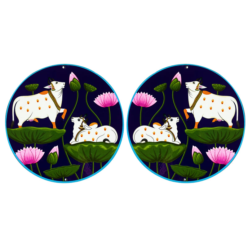 Dark Blue Pichwai Pair Cow With Lotus Mdf 6 IN