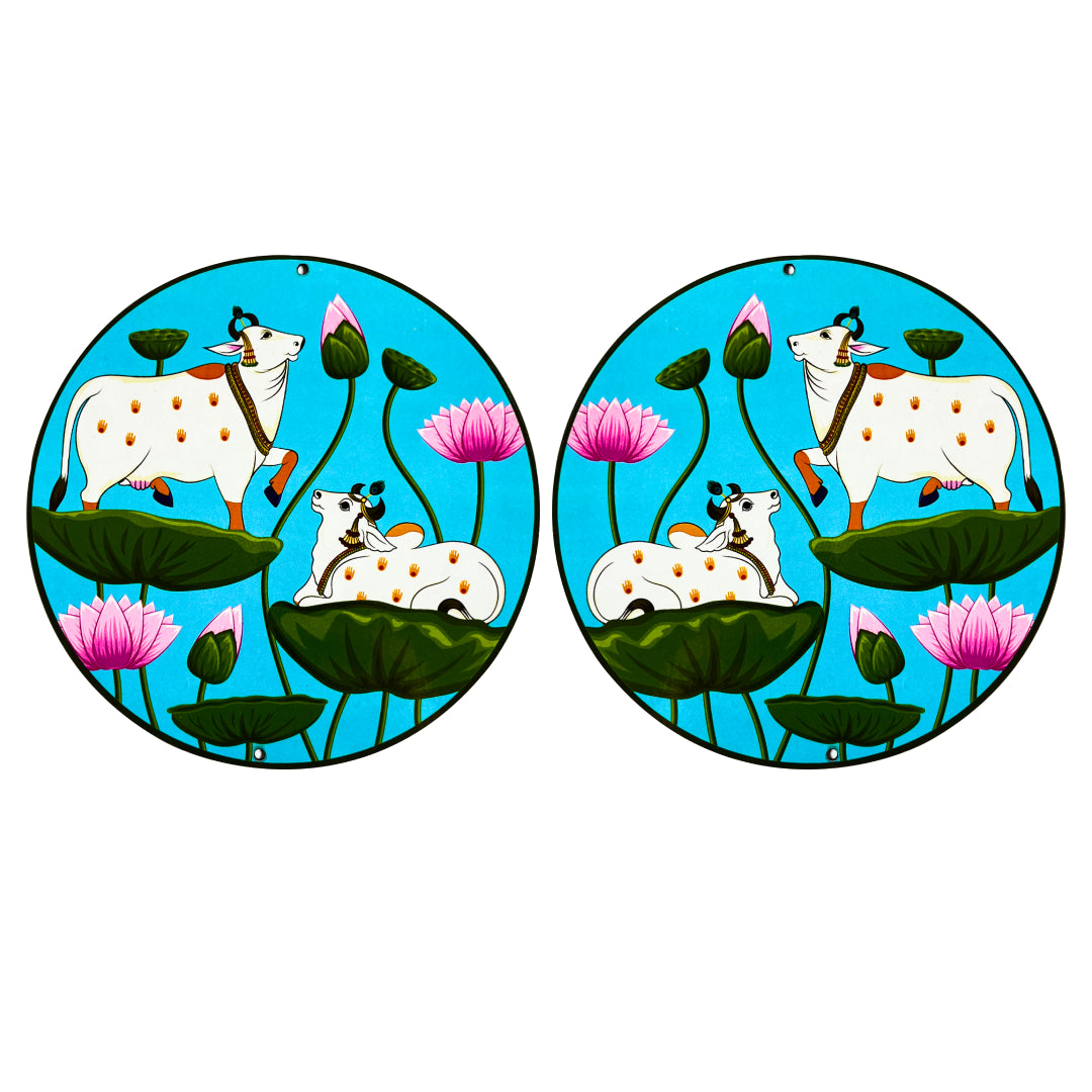 Sky Blue Pichwai Pair Cow With Lotus Mdf 6 IN Cutout for Diwali | Dussehra | Rangoli | Pooja | Festival Gift