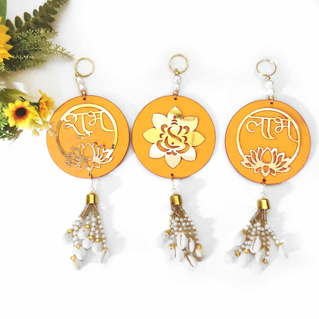 Yellow & Golden Shubh labh With Ganpati Ji Hanging Pack Of 3 Pcs