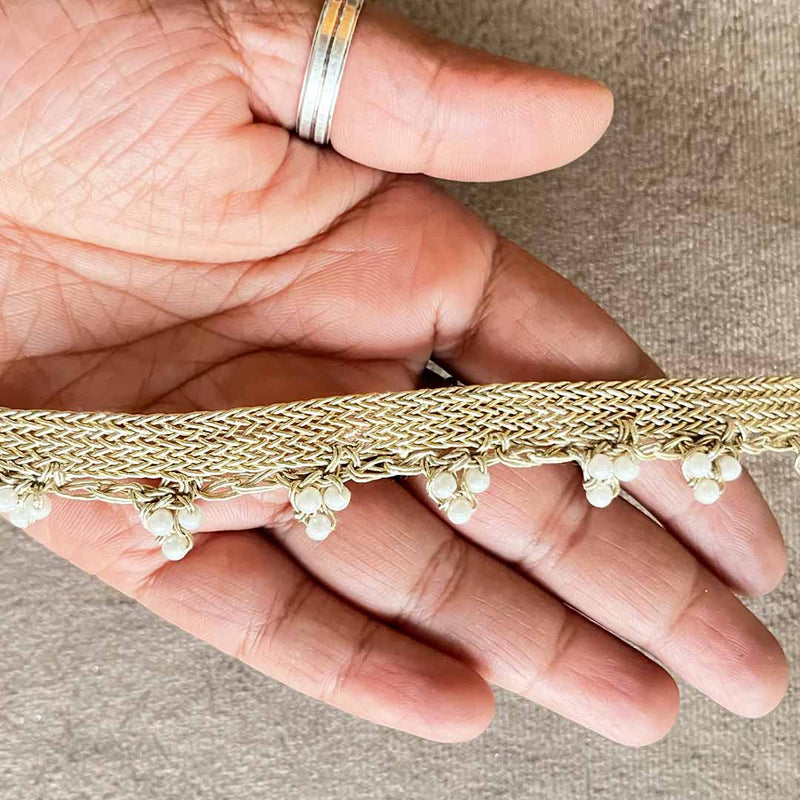 Crochet Weaving Golden Zari With White Beads Lace - 9mtr
