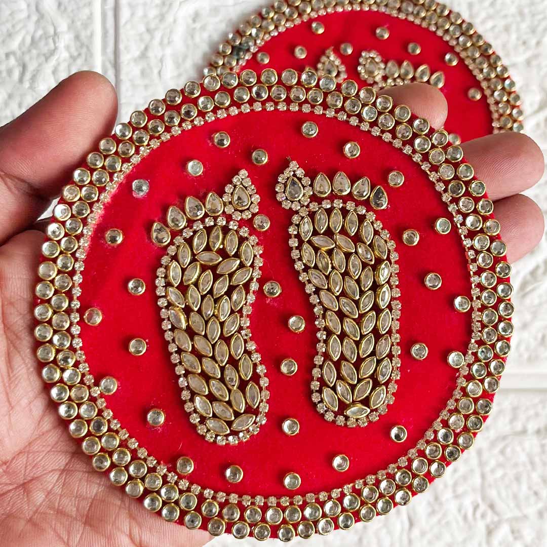 Big Size Round Red Lakshmi Ji Charan Rhinestone Patch For Toran, Door Entrances and Home Decor