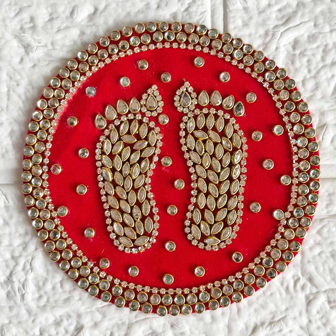 Big Size Round Red Lakshmi Ji Charan Rhinestone Patch For Toran, Door Entrances and Home Decor