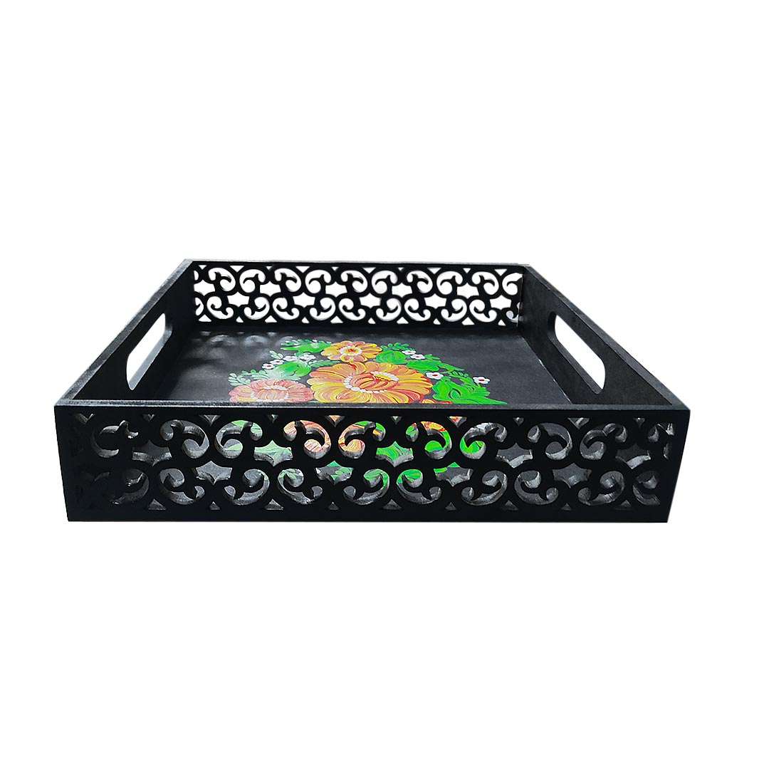 Hand Painted Floral & Two Side Cutting Designed Black Square Tray