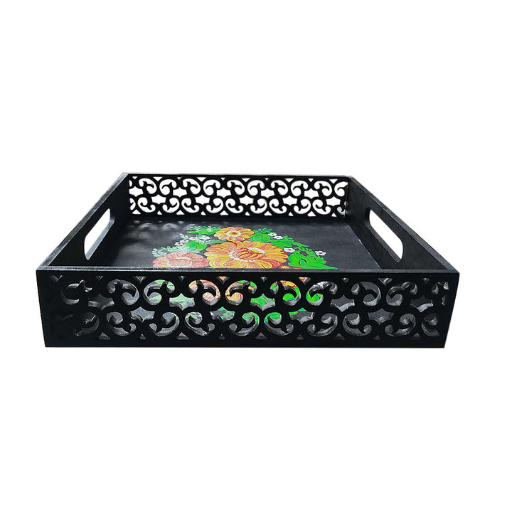 Hand Painted Floral & Two Side Cutting Designed Black Square Tray