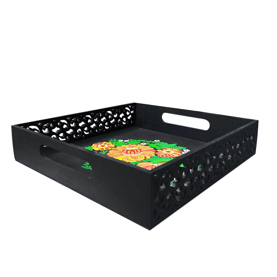 Hand Painted Floral & Two Side Cutting Designed Black Square Tray