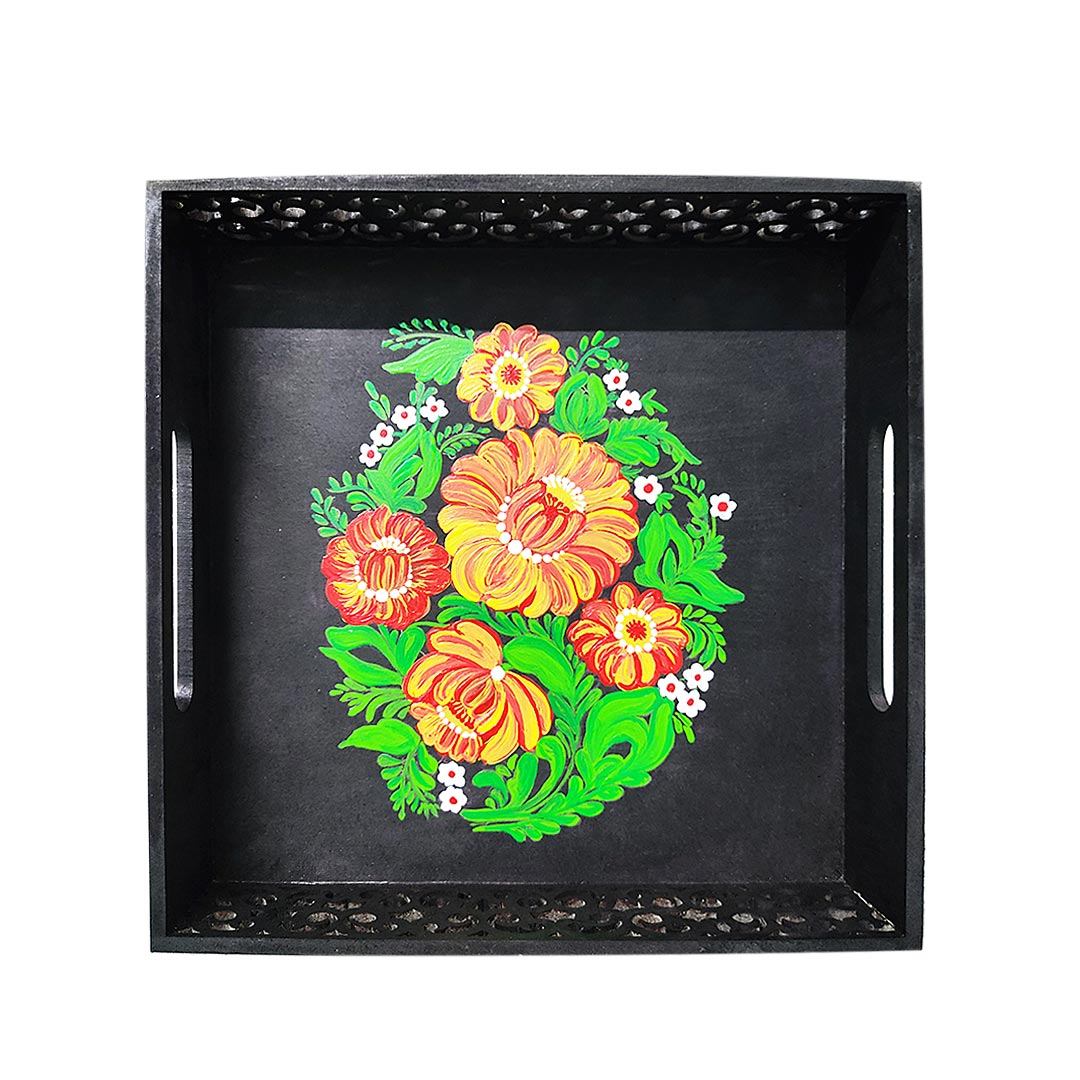 Hand Painted Floral & Two Side Cutting Designed Black Square Tray