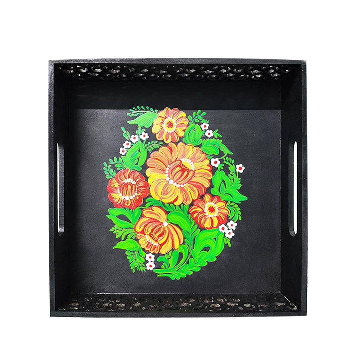 Hand Painted Floral & Two Side Cutting Designed Black Square Tray