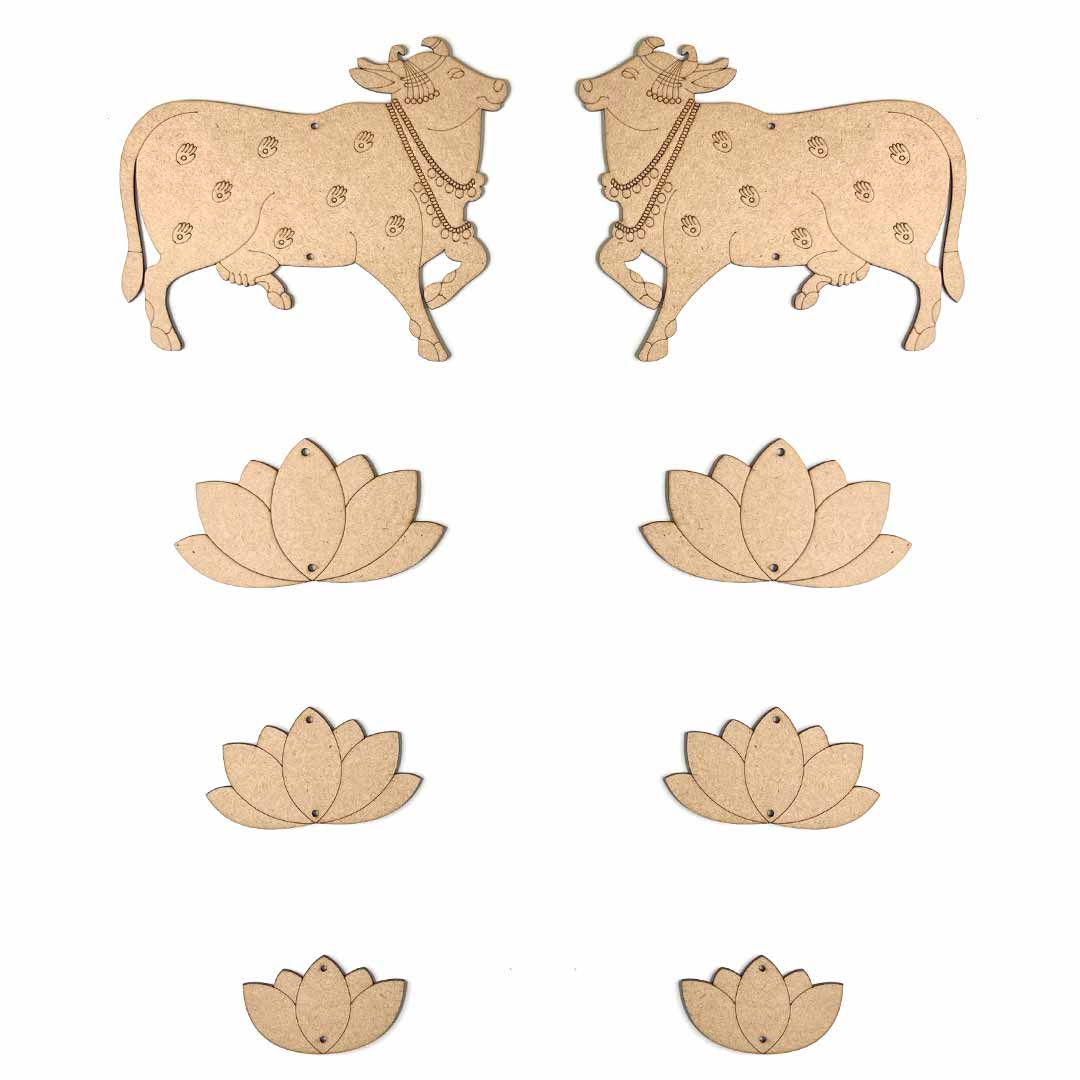 Engraved Mdf Cutout Of Pichwai Cow & Lotus Set of 8 | pichwai cow | MDF | cutouts | canvas | Decoration | Indian Art | Wall Art | Engraved Design | Cutouts | Art | Art Craft | Adikala Craft Store