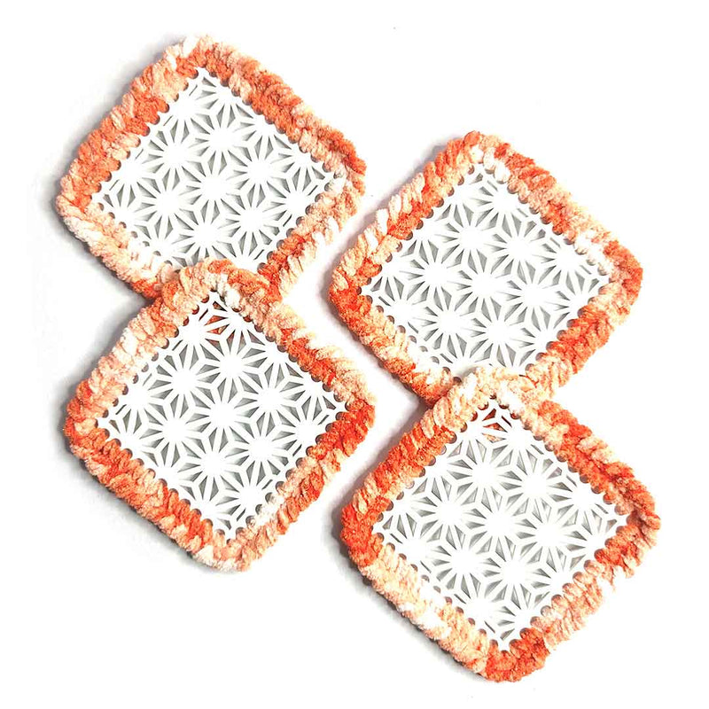 Peach & White Soft Yarn Hand Weaved Square Acrylic Coaster Set of 4