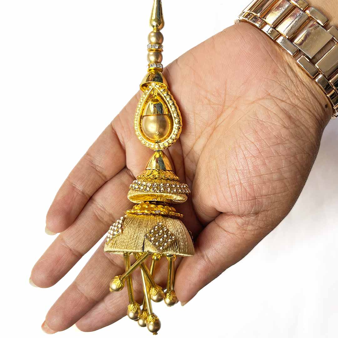 Golden Zari Cones With Beads Latkan Hanging Set Of 2