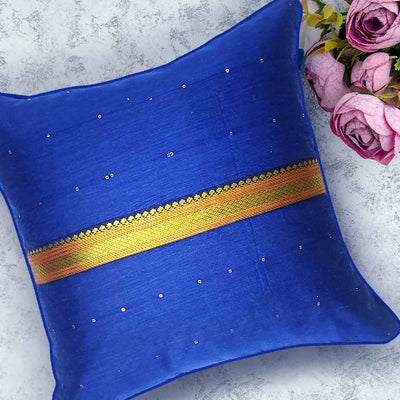 Blue Chanderi Model Silk Cushion Cover With Sequence Work & Banarsi Lace Work |  Blue Chanderi Model Silk Cushion Cover | Blue Chanderi |  Cushion Cover |  Banarsi Lace Work | Cushion Cover | Covers  | Art Craft  | Adikala Craft Store 