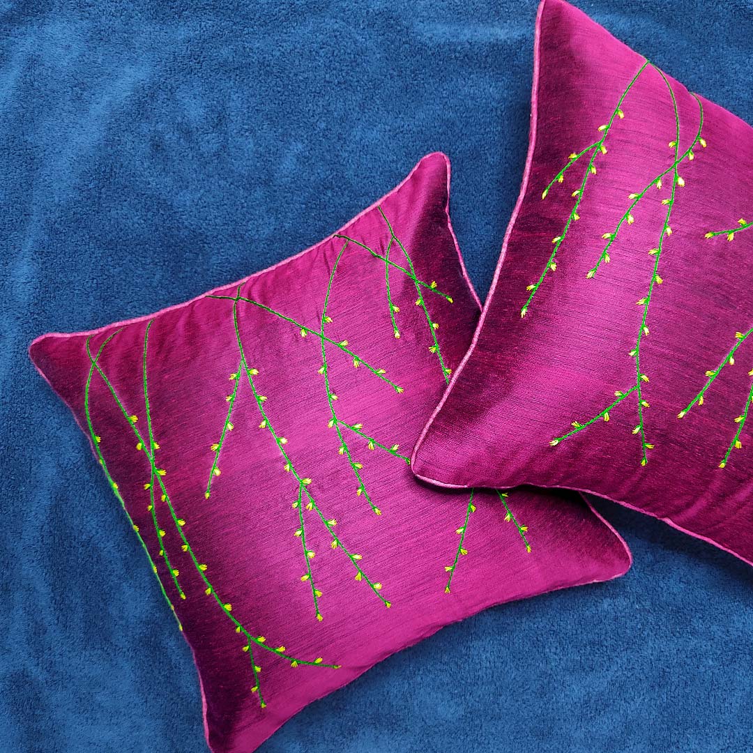 Pink Hand Embroidered Chanderi Model Cushion Cover | Covers | Cushions | Hand Made Cover | Embroidered chanderi model | chanderi | cushions | adikala | Craft Store india | Online | Sale | Adikala craft Store