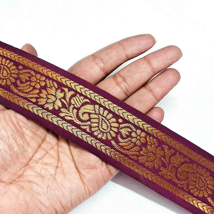 Golden Zari & Wine Color Weaving Border (1.5 INCH)- ( 5 mtr )