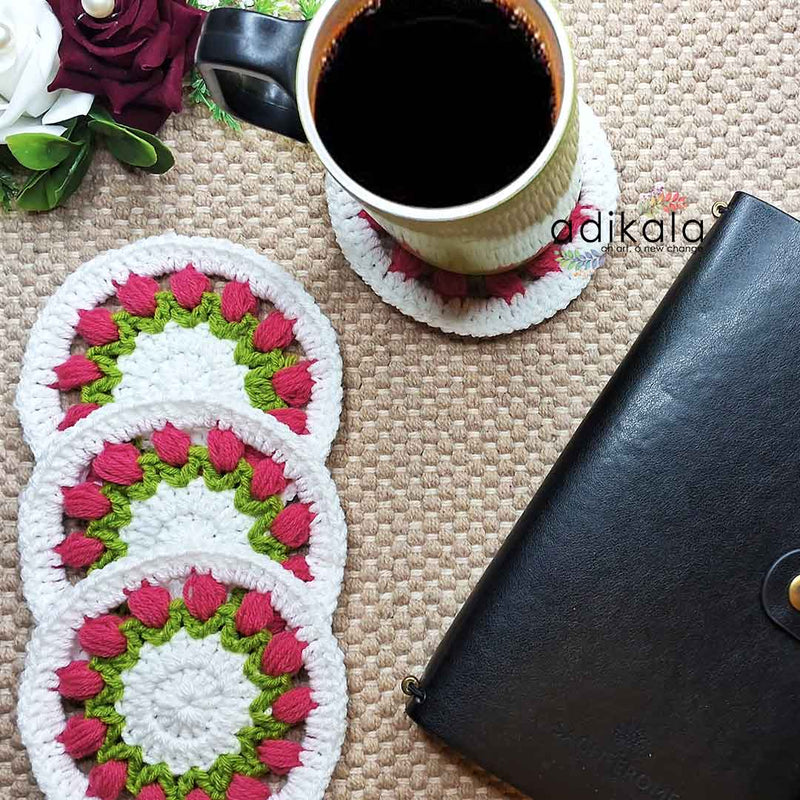 Tulip Floral Design Crochet Coasters set Of 4