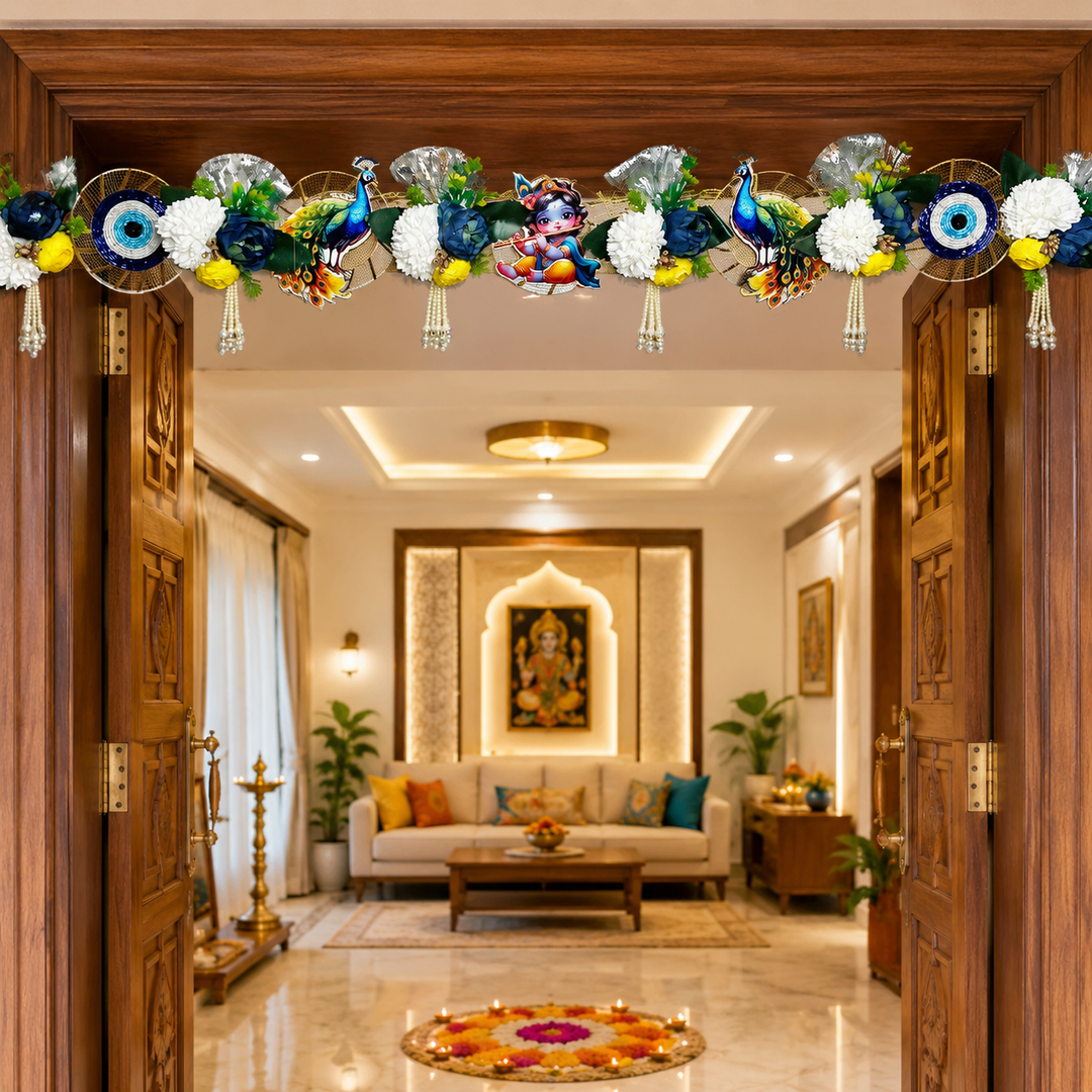 Kanha ji Peacock Evil Eye Floral Bandhanwar for Home Entrance Decoration