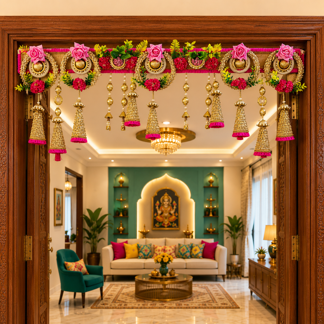 Pink Cone Floral Toran with Side Hanging for Home &amp; Office Entrance | Mandir Decoration | Decorative Door Hanging Bandanwar
