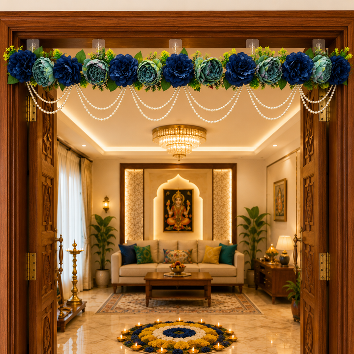 Blue Floral Toran with Beads Hanging for Home &amp; Office Entrance | Mandir Door Hanging Bandanwar