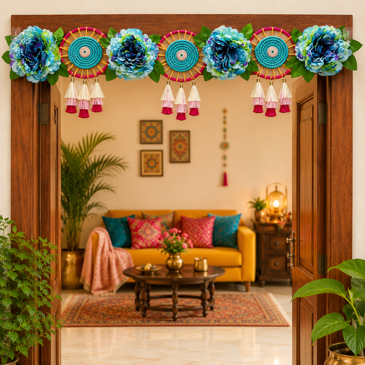Blue Color Floral Toran for Home &amp; Office Entrance | Mandir Decoration | Decorative Door Hanging Bandanwar