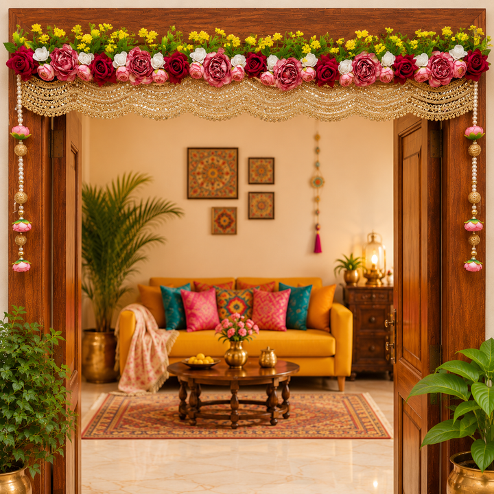 Rose Floral Toran 40 Inch Door Hanging | Bandanwar for Home Entrance &amp; Mandir Decoration