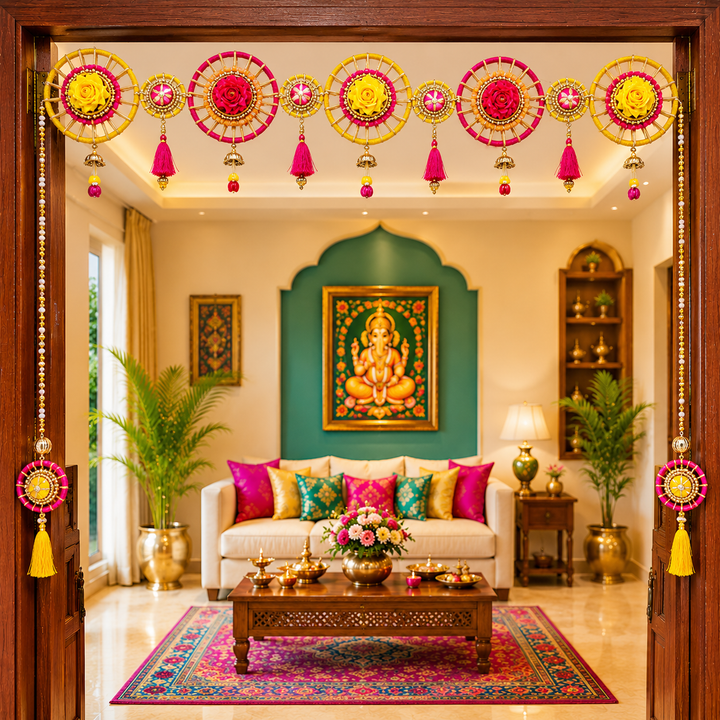 Multicolor Jute Floral Toran with Side Hanging for Home &amp; Office Entrance | Mandir Decoration | Decorative Door Hanging Bandanwar