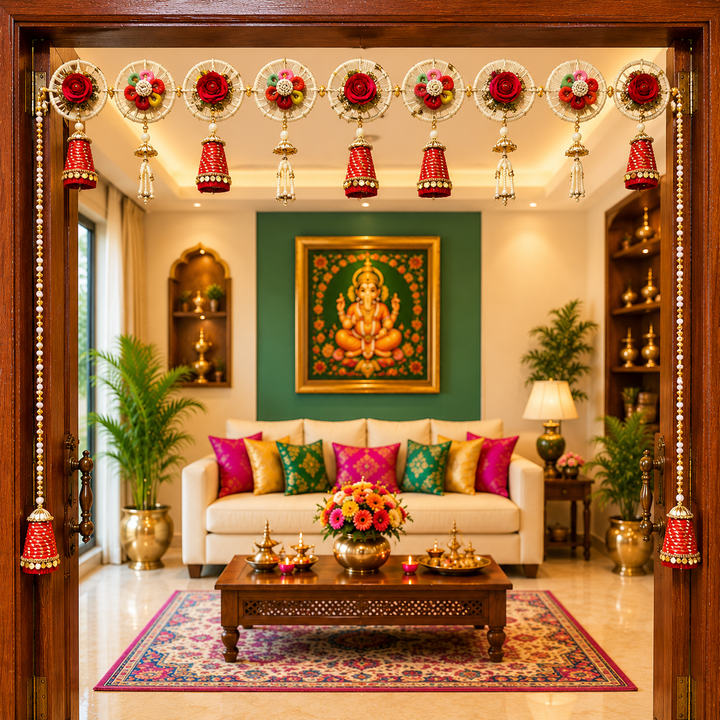 Red Cone Floral Toran with Side Hanging for Home &amp; Office Entrance | Mandir Decoration | Decorative Door Hanging Bandanwar