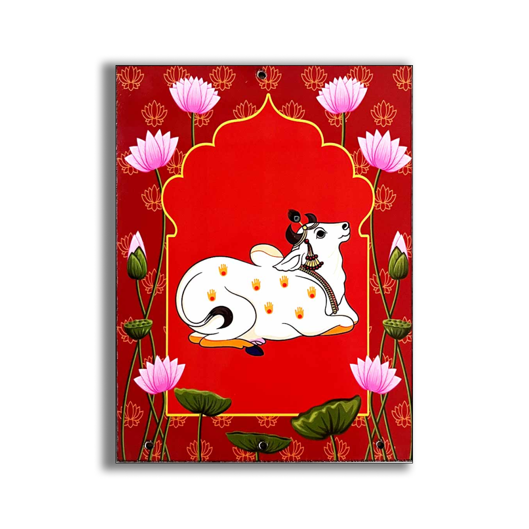 Pichwai Plate | printed Pichwai Cow | Red Jharokha | festival Decoration | Printed Red Jharokha With Cow  |  Art | Craft | Decoration | Pichwai Booti Collection | Beautifull Design Booti | DIY Craft | DIY ART | Dress Decoration | Hobby Craft | Craft Shop Near Me | Adikala craft Store | India | Adikala