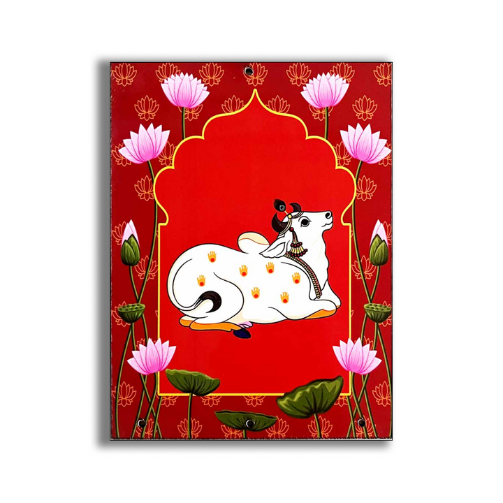 Pichwai Plate | printed Pichwai Cow | Red Jharokha | festival Decoration | Printed Red Jharokha With Cow  |  Art | Craft | Decoration | Pichwai Booti Collection | Beautifull Design Booti | DIY Craft | DIY ART | Dress Decoration | Hobby Craft | Craft Shop Near Me | Adikala craft Store | India | Adikala