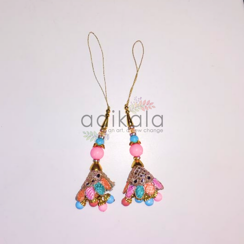 Pink & Blue Dori Work Cone Style Latkan Hanging Set Of 2