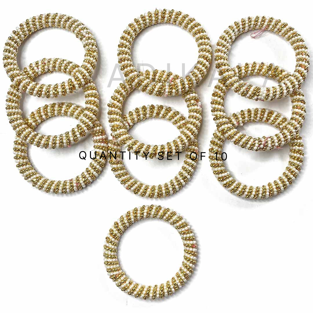 Golden Gota Beads | White Color Beaded ring | Beads | Rings Set of 6 | Golden Color Bangle | White Color Bangle | Bangles | Women Decoration Items | Wedding | Decoration | Crafting | Festivals | Craft Making | Amazing Art | Art | Craft | Green | Color | Golden | Gold | Plate | Adikala | Adikala Craft Store | Hobby Craft | Hobby India | Hobby