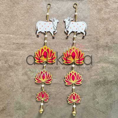 Rani Pink Color Velvet Acrylic Lotus Flower With Pichwai Cow Hanging For Decoration Set Of 2