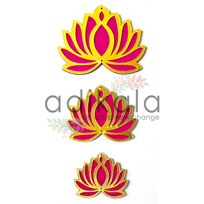 Rani Pink Color Velvet Acrylic Lotus Flower With Pichwai Cow Hanging For Decoration Set Of 2