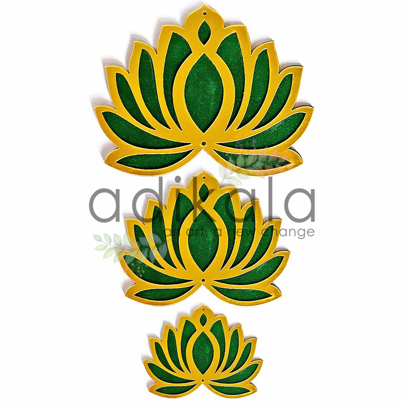 Green Color Velvet Acrylic Lotus Flower With Pichwai Cow Hanging For Decoration Set Of 2