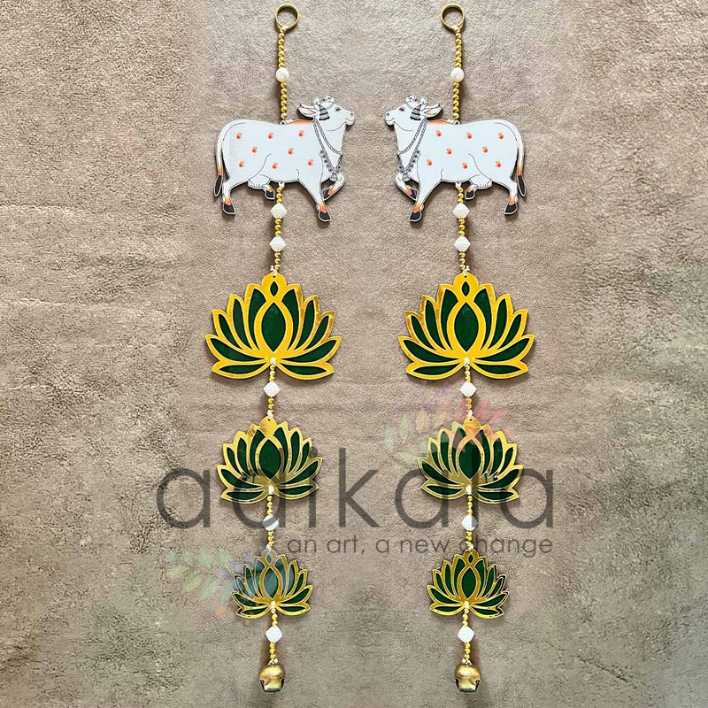 Green Color Velvet Acrylic Lotus Flower With Pichwai Cow Hanging For Decoration Set Of 2