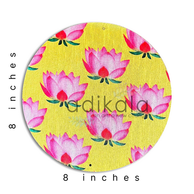 8 Inch Yellow Plates | Printed fabric plates | Pichwai Print fabric Lotus | Lotus Design | Printed fabric Design | all hanging Plates | Set of 6 | Set of 12 | Adikala Craft Store | Adikala