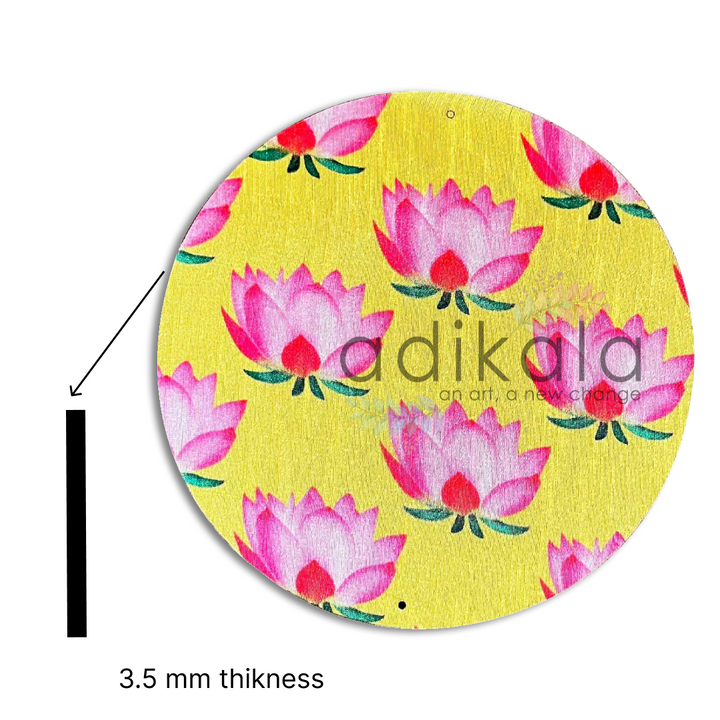 8 Inch Yellow Plates | Printed fabric plates | Pichwai Print fabric Lotus | Lotus Design | Printed fabric Design | all hanging Plates | Set of 6 | Set of 12 | Adikala Craft Store | Adikala