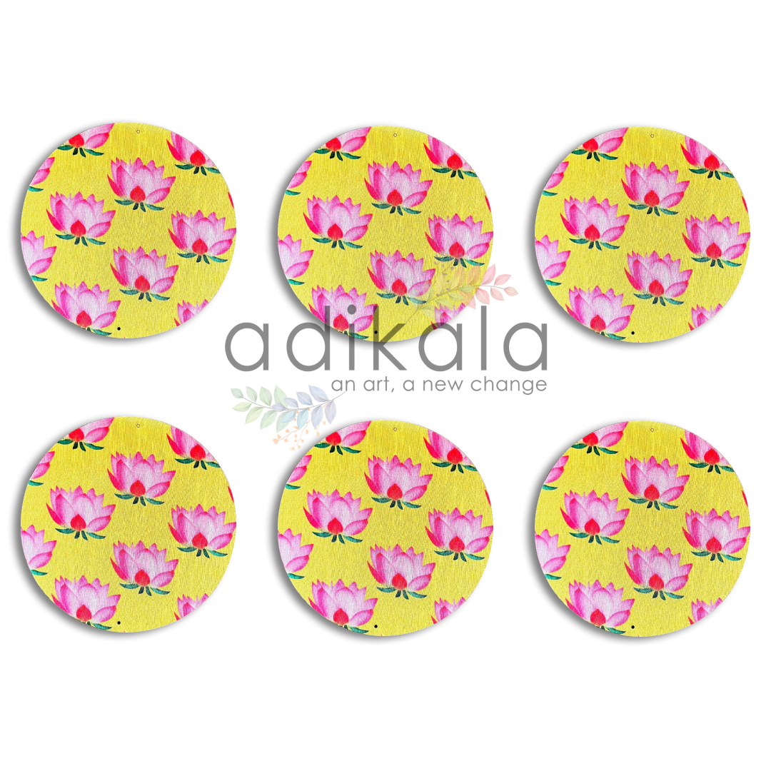 8 Inch Yellow Plates | Printed fabric plates | Pichwai Print fabric Lotus | Lotus Design | Printed fabric Design | all hanging Plates | Set of 6 | Set of 12 | Adikala Craft Store | Adikala