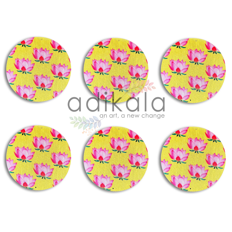 8 Inch Yellow Plates | Printed fabric plates | Pichwai Print fabric Lotus | Lotus Design | Printed fabric Design | all hanging Plates | Set of 6 | Set of 12 | Adikala Craft Store | Adikala