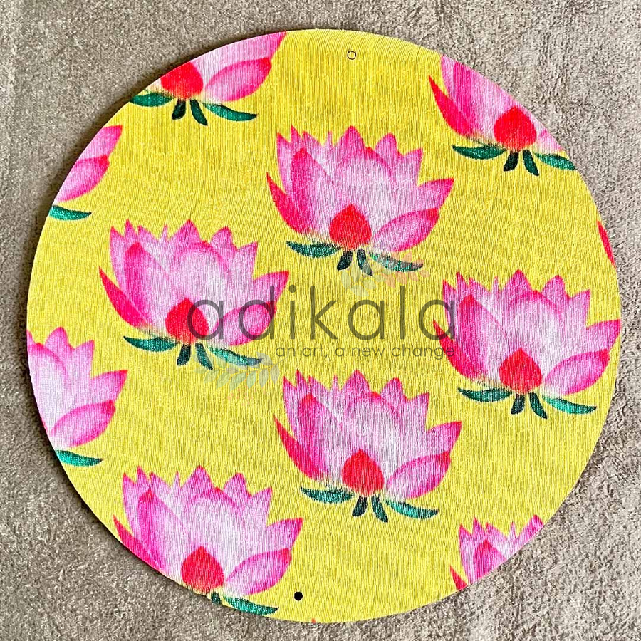 8 Inch Yellow Plates | Printed fabric plates | Pichwai Print fabric Lotus | Lotus Design | Printed fabric Design | all hanging Plates | Set of 6 | Set of 12 | Adikala Craft Store | Adikala