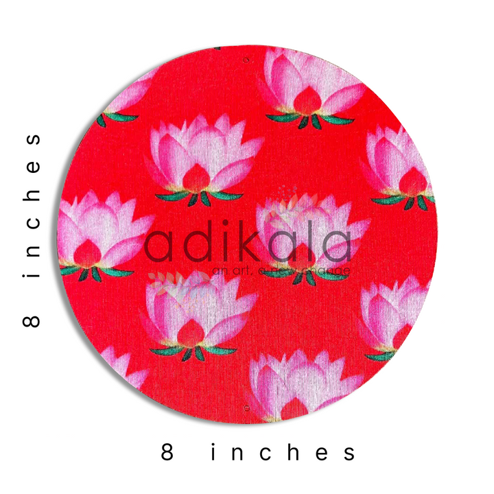 8 Inch Red Plates | Printed fabric plates | Pichwai Print fabric Lotus | Lotus Design | Printed fabric Design | all hanging Plates | Set of 6 | Set of 12 | Adikala Craft Store | Adikala