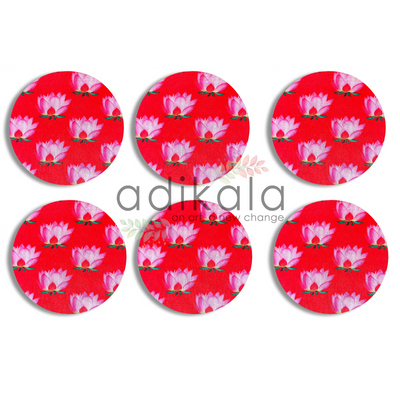 8 Inch Red Plates | Printed fabric plates | Pichwai Print fabric Lotus | Lotus Design | Printed fabric Design | all hanging Plates | Set of 6 | Set of 12 | Adikala Craft Store | Adikala