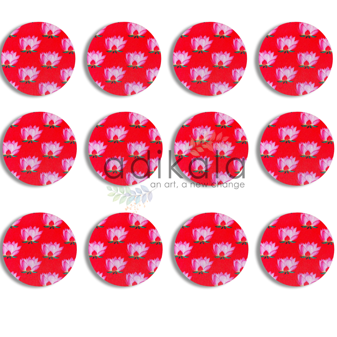 8 Inch Red Plates | Printed fabric plates | Pichwai Print fabric Lotus | Lotus Design | Printed fabric Design | all hanging Plates | Set of 6 | Set of 12 | Adikala Craft Store | Adikala