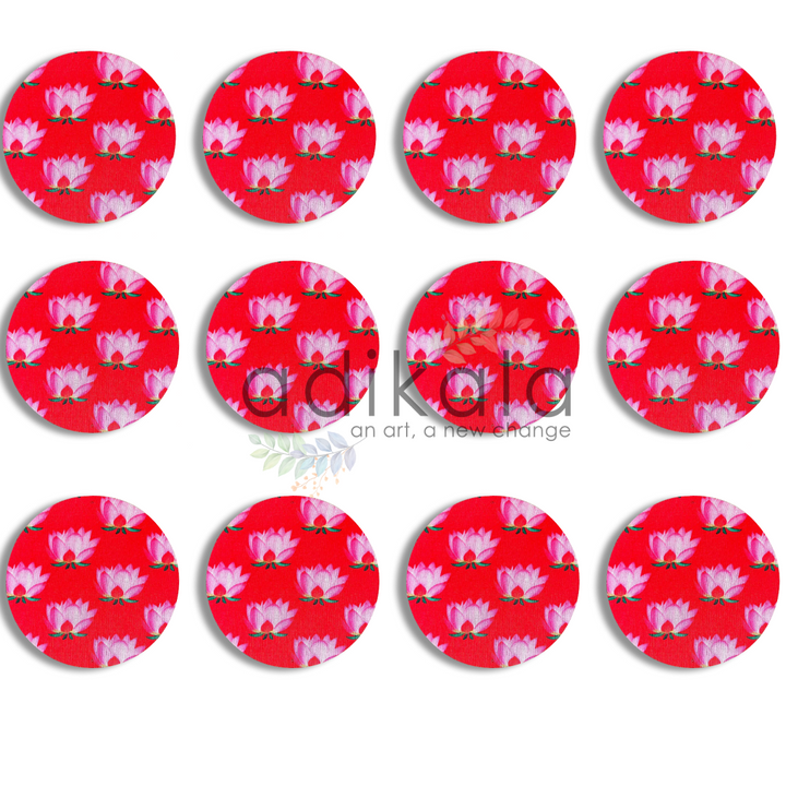 8 Inch Red Plates | Printed fabric plates | Pichwai Print fabric Lotus | Lotus Design | Printed fabric Design | all hanging Plates | Set of 6 | Set of 12 | Adikala Craft Store | Adikala