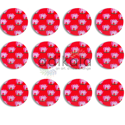 8 Inch Red Plates | Printed fabric plates | Pichwai Print fabric Lotus | Lotus Design | Printed fabric Design | all hanging Plates | Set of 6 | Set of 12 | Adikala Craft Store | Adikala