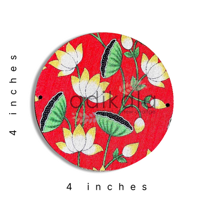 4 Inch Red Plates | Printed fabric plates | Pichwai Print fabric Lotus | Lotus Design | Printed fabric Design | all hanging Plates | Set of 6 | Set of 12 | Diwali Festivals | Diwali | Hobby Craft | Adikala Craft Store | Adikala