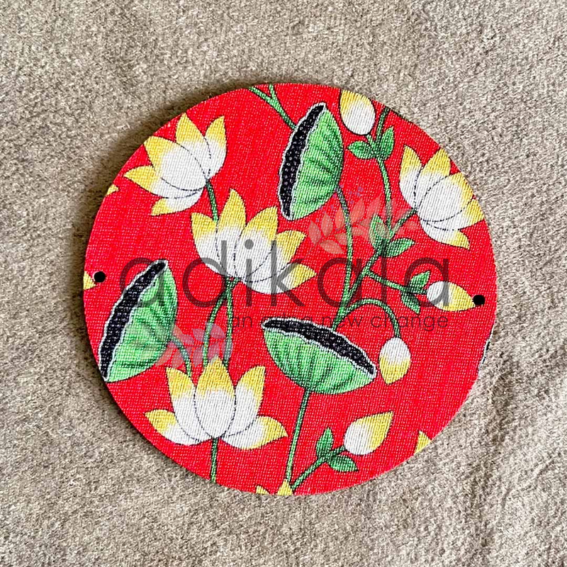 4 Inch Red Plates | Printed fabric plates | Pichwai Print fabric Lotus | Lotus Design | Printed fabric Design | all hanging Plates | Set of 6 | Set of 12 | Diwali Festivals | Diwali | Hobby Craft | Adikala Craft Store | Adikala