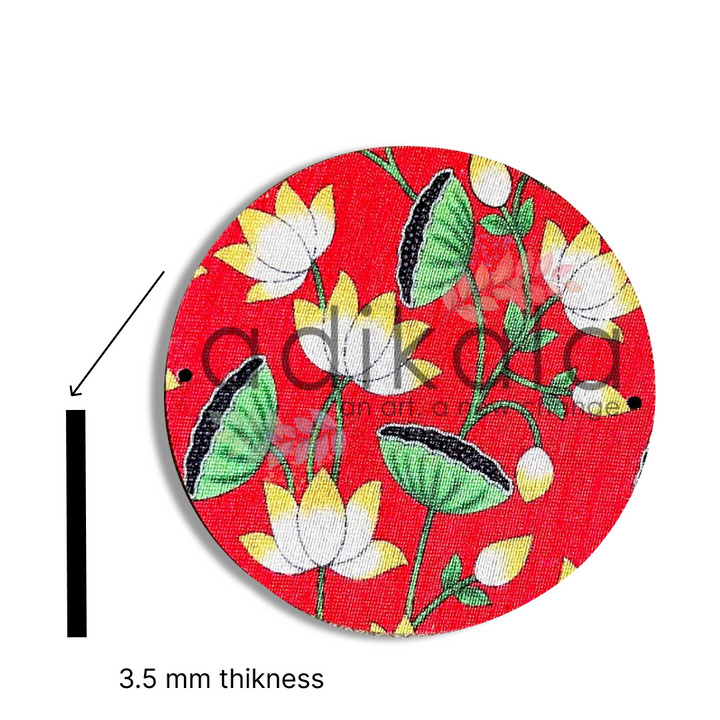 4 Inch Red Plates | Printed fabric plates | Pichwai Print fabric Lotus | Lotus Design | Printed fabric Design | all hanging Plates | Set of 6 | Set of 12 | Diwali Festivals | Diwali | Hobby Craft | Adikala Craft Store | Adikala
