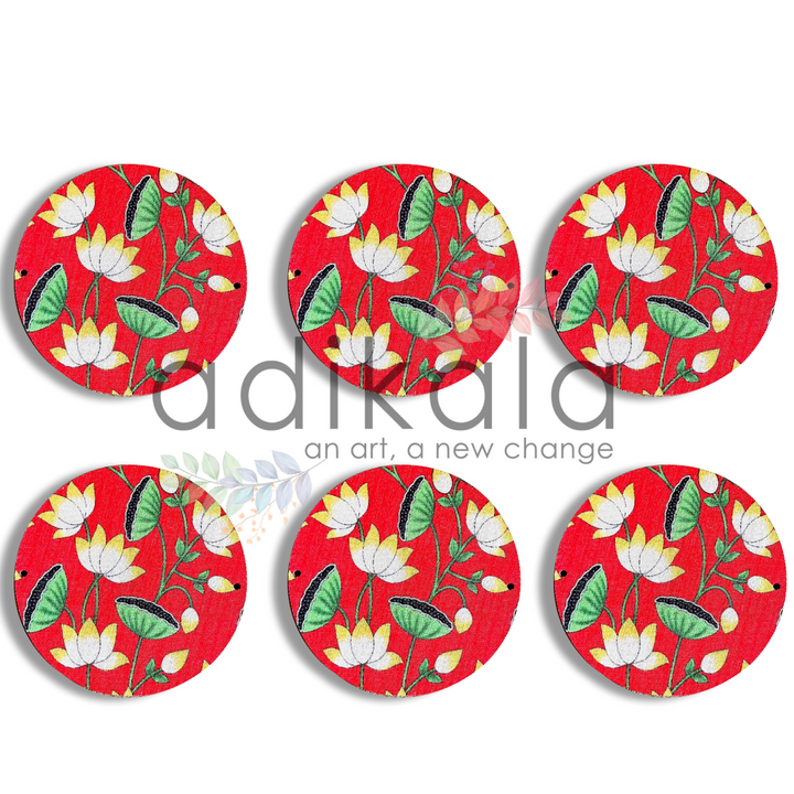 4 Inch Red Plates | Printed fabric plates | Pichwai Print fabric Lotus | Lotus Design | Printed fabric Design | all hanging Plates | Set of 6 | Set of 12 | Diwali Festivals | Diwali | Hobby Craft | Adikala Craft Store | Adikala