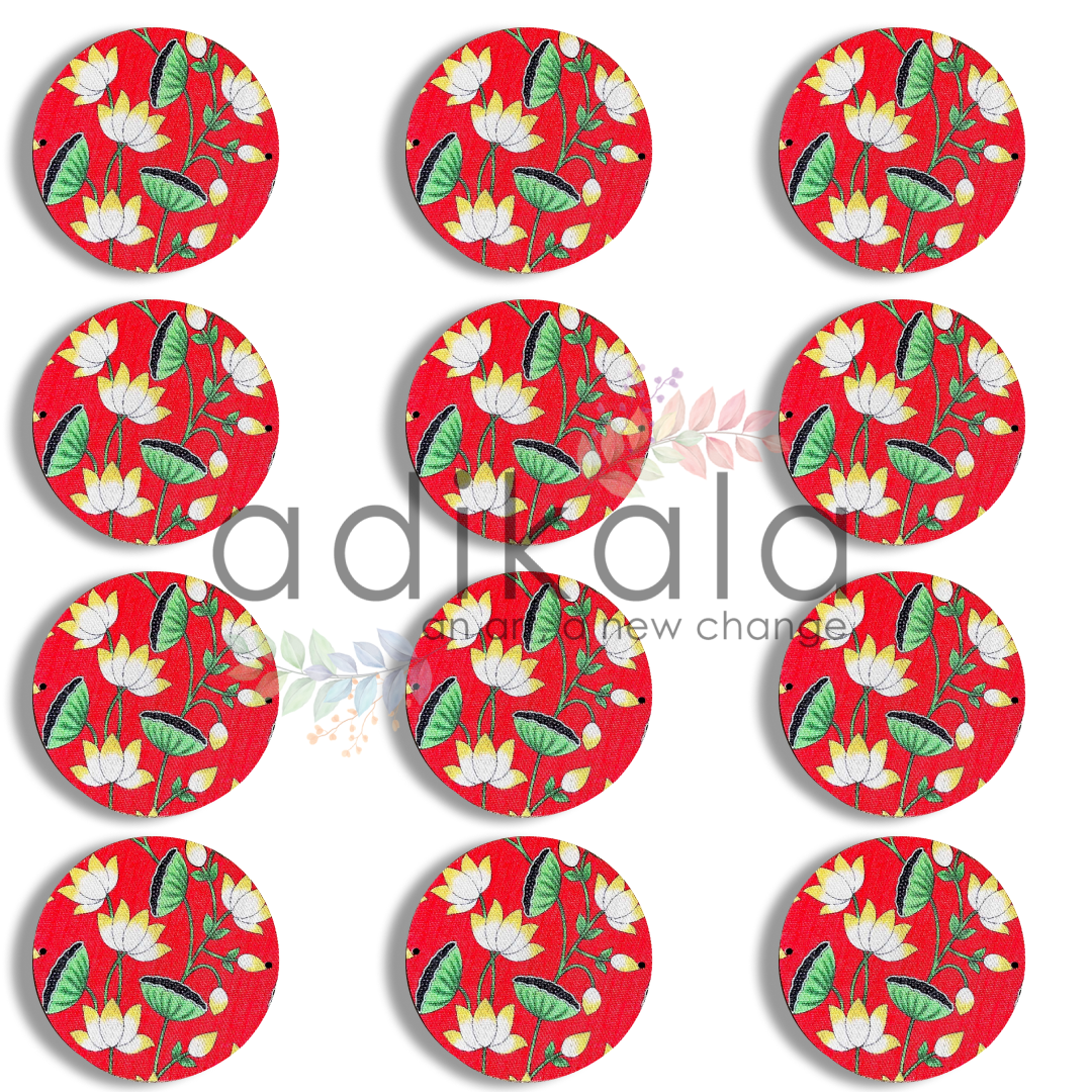 4 Inch Red Plates | Printed fabric plates | Pichwai Print fabric Lotus | Lotus Design | Printed fabric Design | all hanging Plates | Set of 6 | Set of 12 | Diwali Festivals | Diwali | Hobby Craft | Adikala Craft Store | Adikala